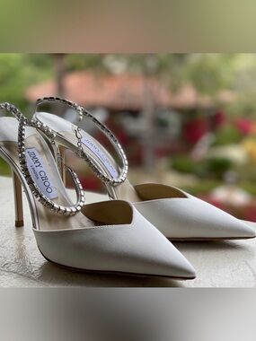 Jimmy Choo White Pointed Toe Crystal-Embellished Strap Pumps